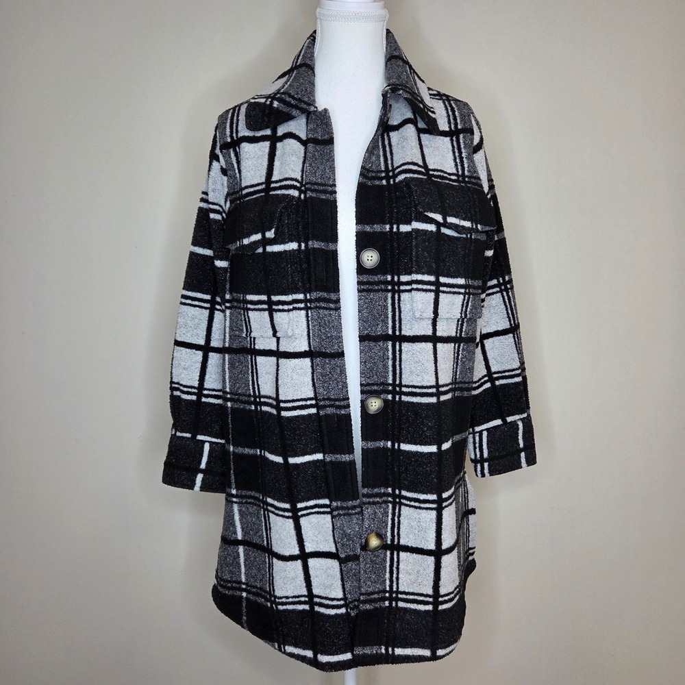 Faherty Womens Black White Plaid Longline Shacket‎ Shirt Jacket XS Turkey Made